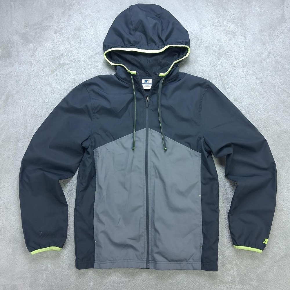 Starter Mens Small Colorblock Hooded Windbreaker Jacket Black Gray Neon Green